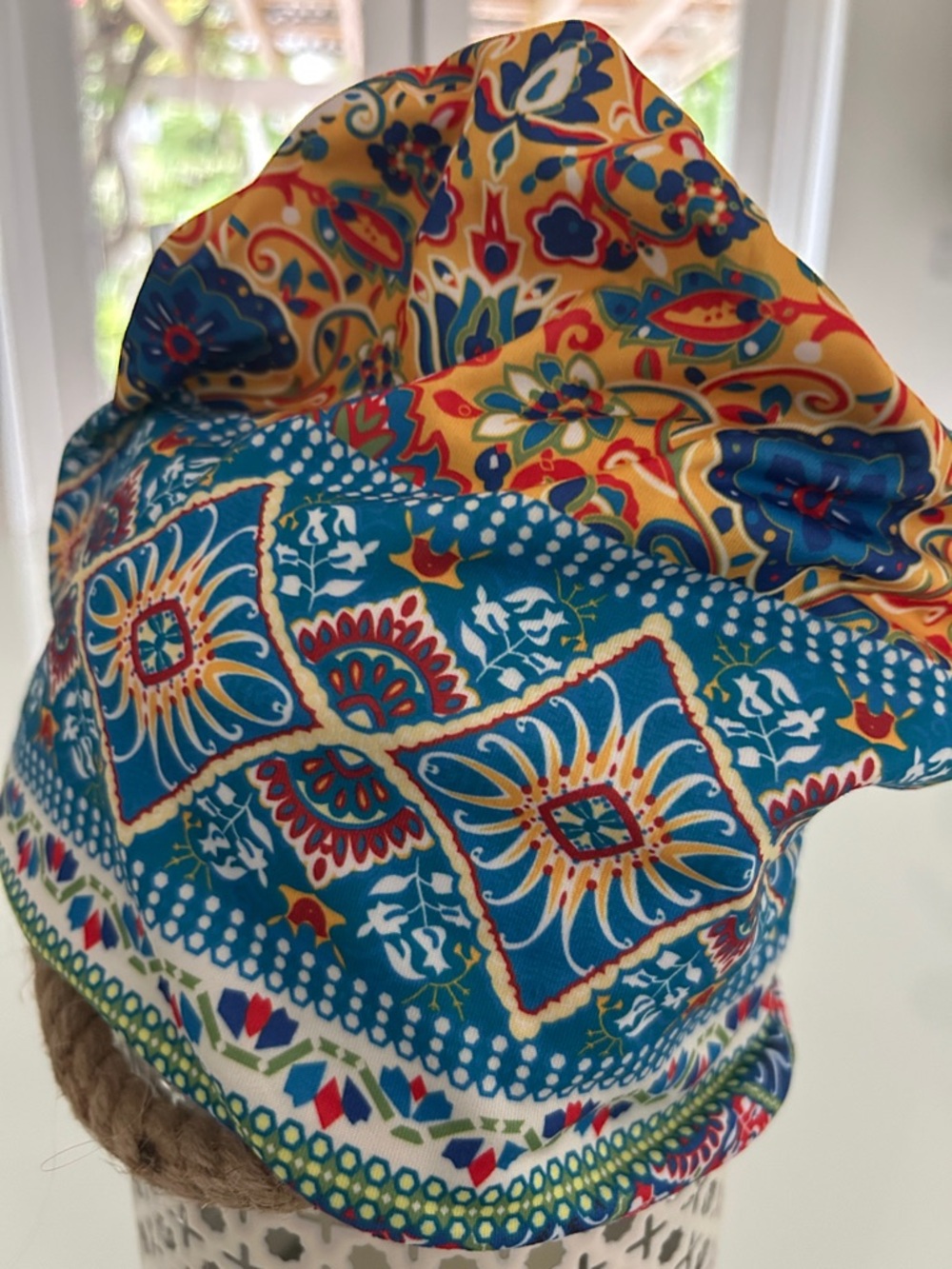 Colorful Boho Tile Print BEANIE  - Teal & Yellow